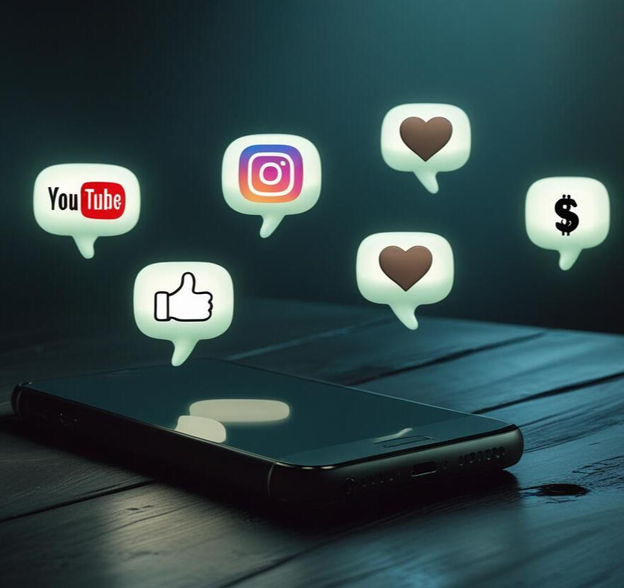 A phone on a table. The Phone is surrounded by text bubbles that have the emojis: heart, dollar-sign, thumbs-up, youtube and instagram each in a respective text bubble.